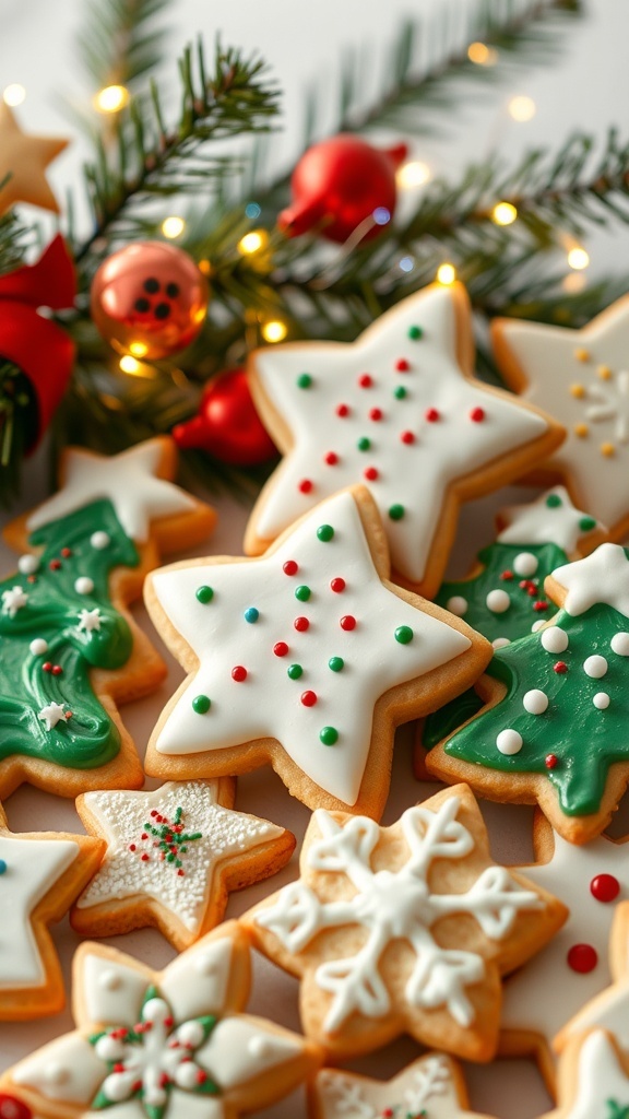Christmas Sugar Cookies Recipe A variety of decorated Christmas sugar cookies in festive shapes on a holiday-themed table.